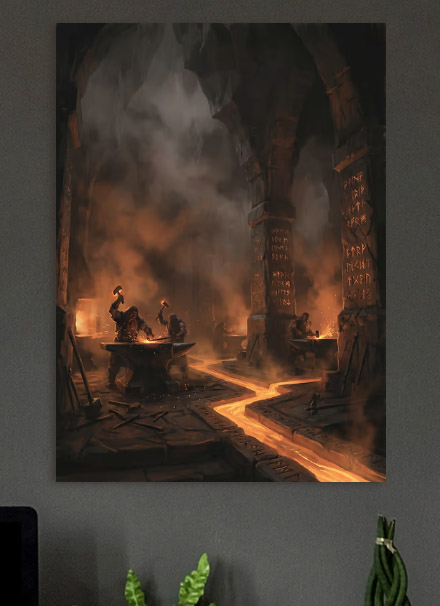 Dwarven Blacksmiths in Forge — metal poster wall art by Lineer